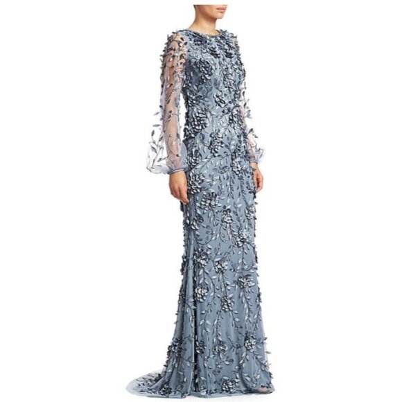 Theia $1295 Floral Mesh Long-Sleeve Gown Blue Formal Evening Dress Size 4 NWT - Picture 2 of 10